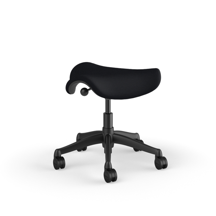 Back view of a Humanscale Saddle Stool with 5&quot; standard cylinder, black fabric saddle seat and graphite frame. Kansas City Office Design.