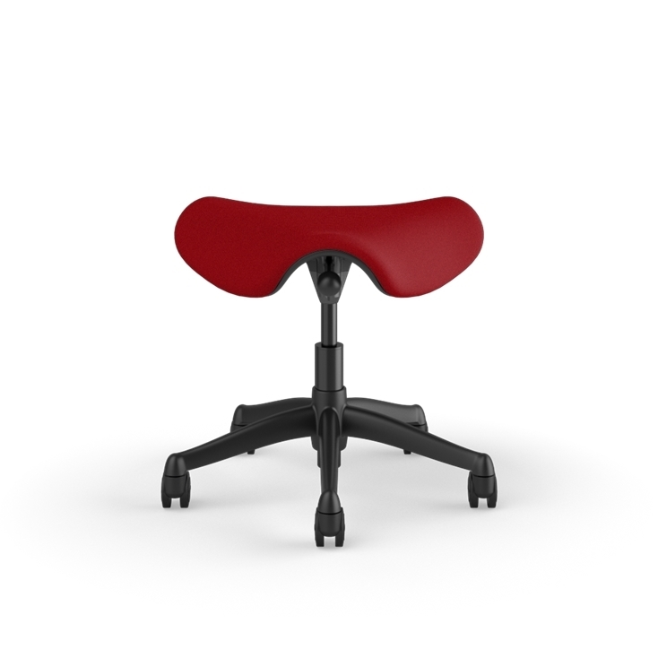 Front view of a Humanscale Saddle Stool with 5&quot; standard cylinder, red fabric saddle seat and graphite frame. Kansas City Office Design.