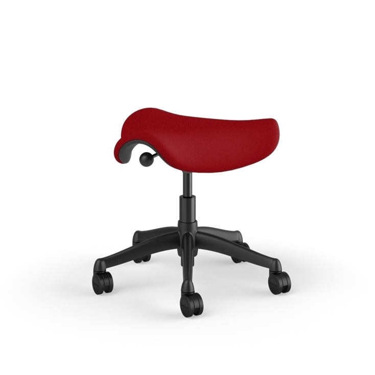 Back view of a Humanscale Saddle Stool with 5&quot; standard cylinder, red fabric saddle seat and graphite frame. Kansas City Office Design.