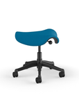 Side view of a Humanscale Saddle Stool with 5" standard cylinder, peacock blue fabric saddle seat and graphite frame. Kansas City Office Design.