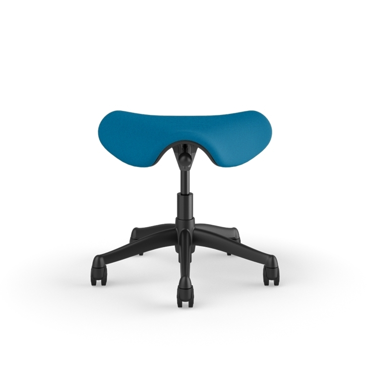 Front view of a Humanscale Saddle Stool with 5&quot; standard cylinder, peacock blue fabric saddle seat and graphite frame. Kansas City Office Design.