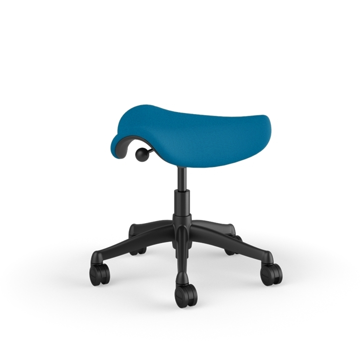 Back view of a Humanscale Saddle Stool with 5&quot; standard cylinder, peacock blue fabric saddle seat and graphite frame. Kansas City Office Design.
