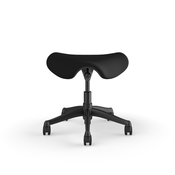 Front view of a Humanscale Saddle Stool with 5&quot; standard cylinder, wipeable lotus black fabric saddle seat and graphite frame. Kansas City Office Design.