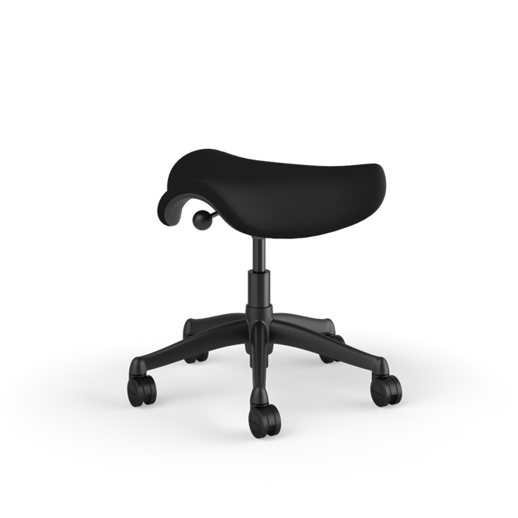 Back view of a Humanscale Saddle Stool with 5&quot; standard cylinder, wipeable lotus black fabric saddle seat and graphite frame. Kansas City Office Design.