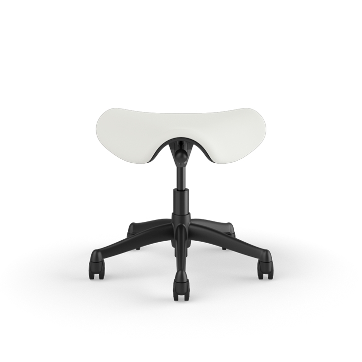Front view of a Humanscale Saddle Stool with 5&quot; standard cylinder, wipeable lotus white fabric saddle seat and graphite frame. Kansas City Office Design.