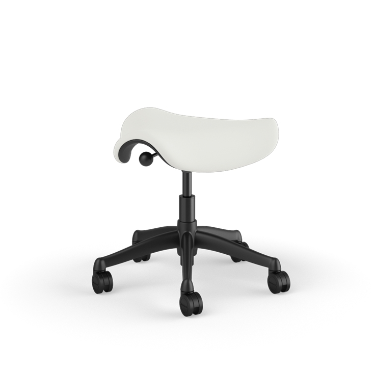 Back view of a Humanscale Saddle Stool with 5&quot; standard cylinder, wipeable lotus white fabric saddle seat and graphite frame. Kansas City Office Design.