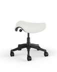 Back view of a Humanscale Saddle Stool with 5" standard cylinder, wipeable lotus white fabric saddle seat and graphite frame. Kansas City Office Design.