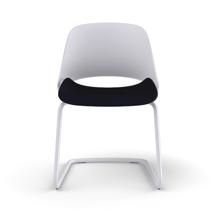Front view of a Humanscale Trea Chair with cantilever guest chair with glides. In white finish with a black fabric padded seat. Kansas City Office Furniture. 