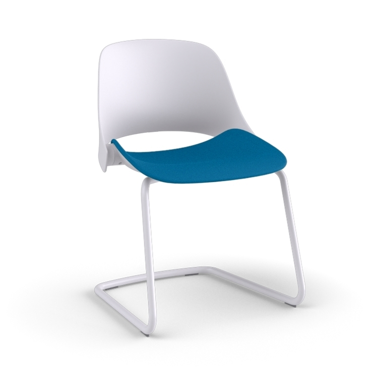 Side view of a Humanscale Trea Chair with cantilever guest chair base and glides. In white finish with a peacock fabric padded seat. Kansas City Office Furniture. 