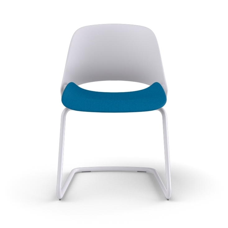 Front view of a Humanscale Trea Chair with cantilever guest chair base and glides. In white finish with a peacock fabric padded seat. Kansas City Office Furniture. 
