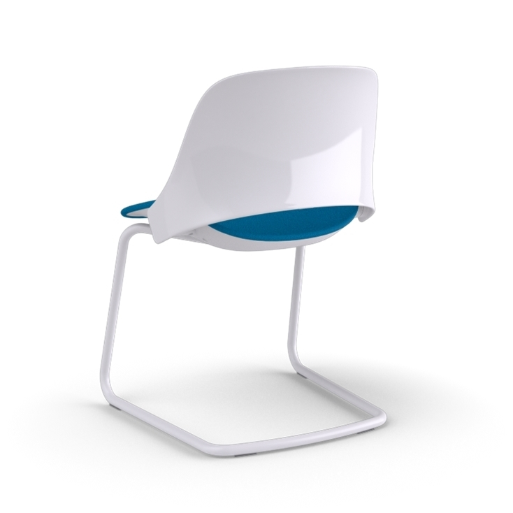 Back view of a Humanscale Trea Chair with cantilever guest chair base and glides. In white finish with a peacock fabric padded seat. Kansas City Office Furniture. 