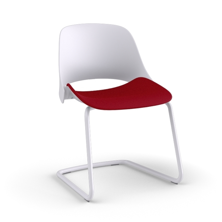 Side view of a Humanscale Trea Chair with cantilever guest chair with glides. In white finish with a Parma Red fabric padded seat. Kansas City Office Furniture. 