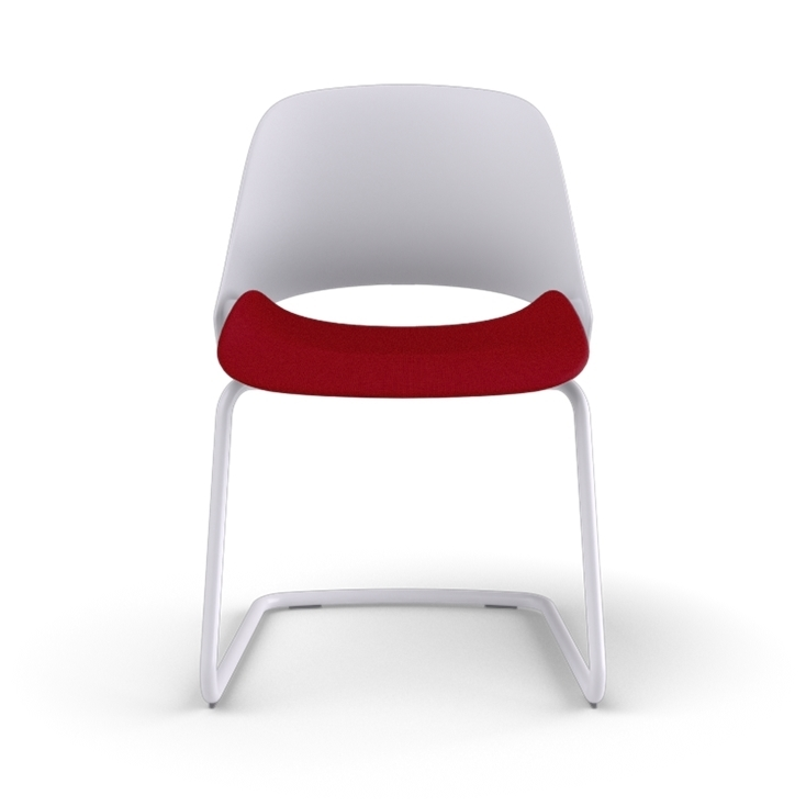 Front view of a Humanscale Trea Chair with cantilever guest chair with glides. In white finish with a Parma Red fabric padded seat. Kansas City Office Furniture. 