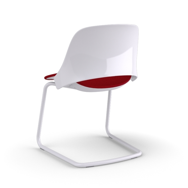 Back view of a Humanscale Trea Chair with cantilever guest chair with glides. In white finish with a Parma Red fabric padded seat. Kansas City Office Furniture. 