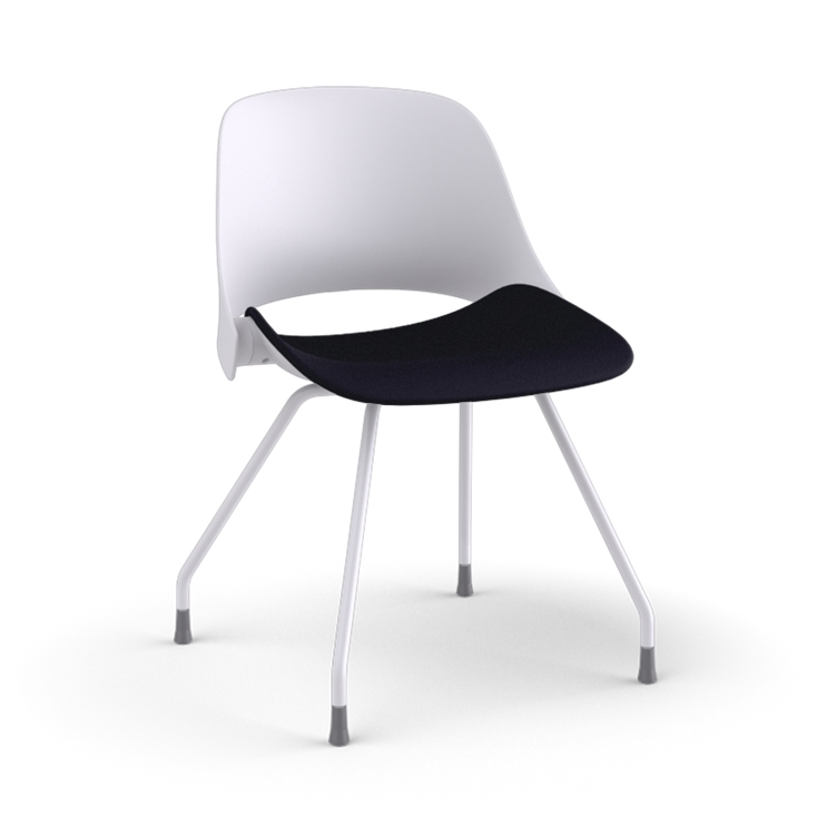 Side view of a Humanscale Trea Chair with four leg guest chair with glides. In white finish with a black fabric padded seat. Kansas City Office Furniture. 