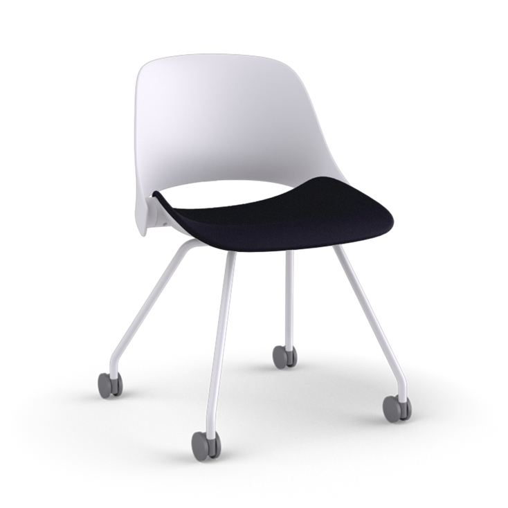 Side view of a Humanscale Trea Chair with four leg guest chair with casters. In white finish with a black fabric padded seat. Kansas City Office Furniture. 