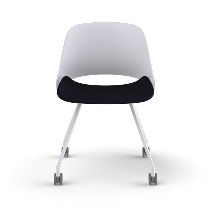 Front view of a Humanscale Trea Chair with four leg guest chair with casters. In white finish with a black fabric padded seat. Kansas City Office Furniture. 