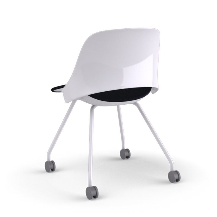 Back view of a Humanscale Trea Chair with four leg guest chair with casters. In white finish with a black fabric padded seat. Kansas City Office Furniture. 