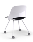 Back view of a Humanscale Trea Chair with four leg guest chair with casters. In white finish with a black fabric padded seat. Kansas City Office Furniture. 