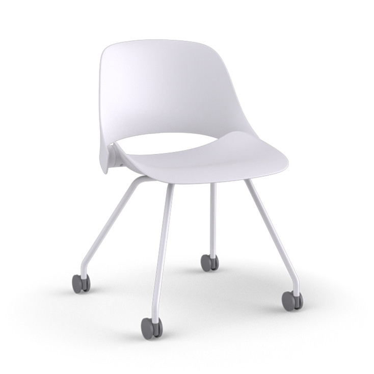 Side View of a Humanscale Trea Chair with four leg guest chair base and casters. In white finish. Kansas City Office Furniture. 