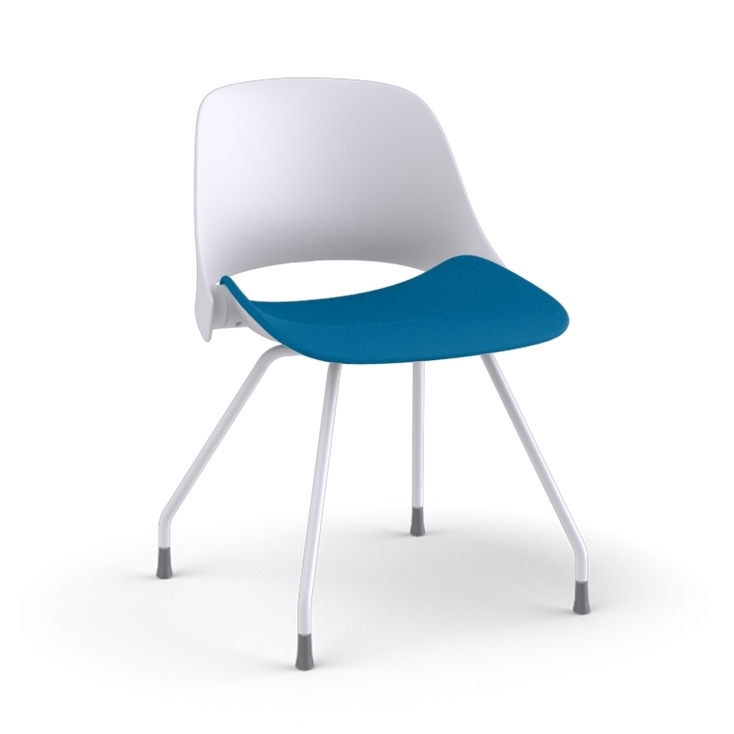 Side view of a Humanscale Trea Chair with four leg guest chair base and glides. In white finish with a peacock fabric padded seat. Kansas City Office Furniture. 