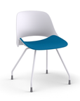 Side view of a Humanscale Trea Chair with four leg guest chair base and glides. In white finish with a peacock fabric padded seat. Kansas City Office Furniture. 