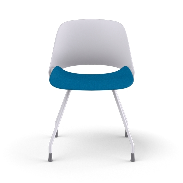 Front view of a Humanscale Trea Chair with four leg guest chair base and glides. In white finish with a peacock fabric padded seat. Kansas City Office Furniture. 