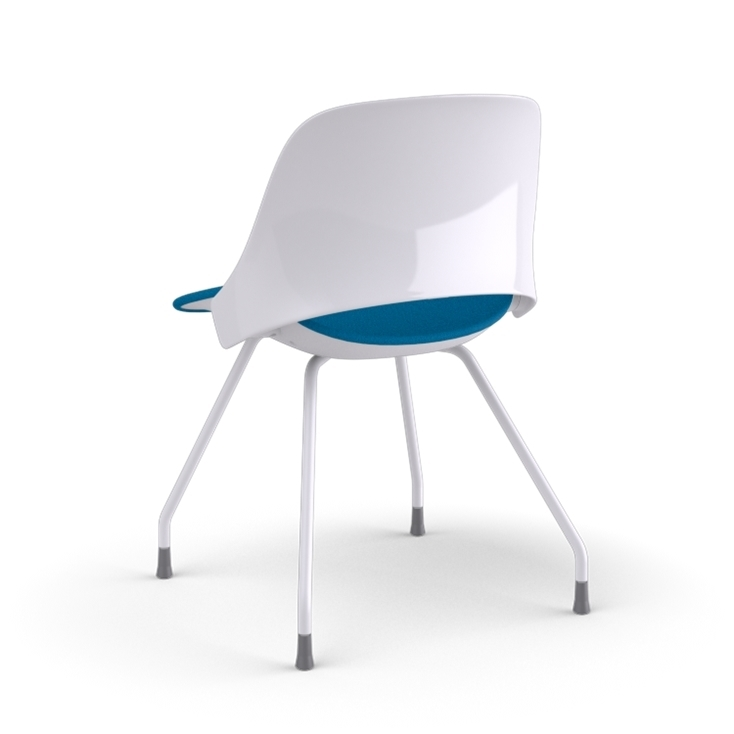 Back view of a Humanscale Trea Chair with four leg guest chair base and glides. In white finish with a peacock fabric padded seat. Kansas City Office Furniture. 