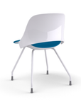 Back view of a Humanscale Trea Chair with four leg guest chair base and glides. In white finish with a peacock fabric padded seat. Kansas City Office Furniture. 