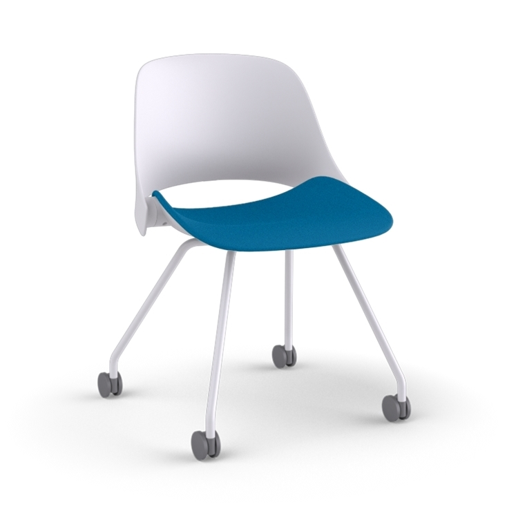 Side View of a Humanscale Trea Chair with four leg guest chair base and casters. In white finish with a peacock fabric padded seat. Kansas City Office Furniture. 