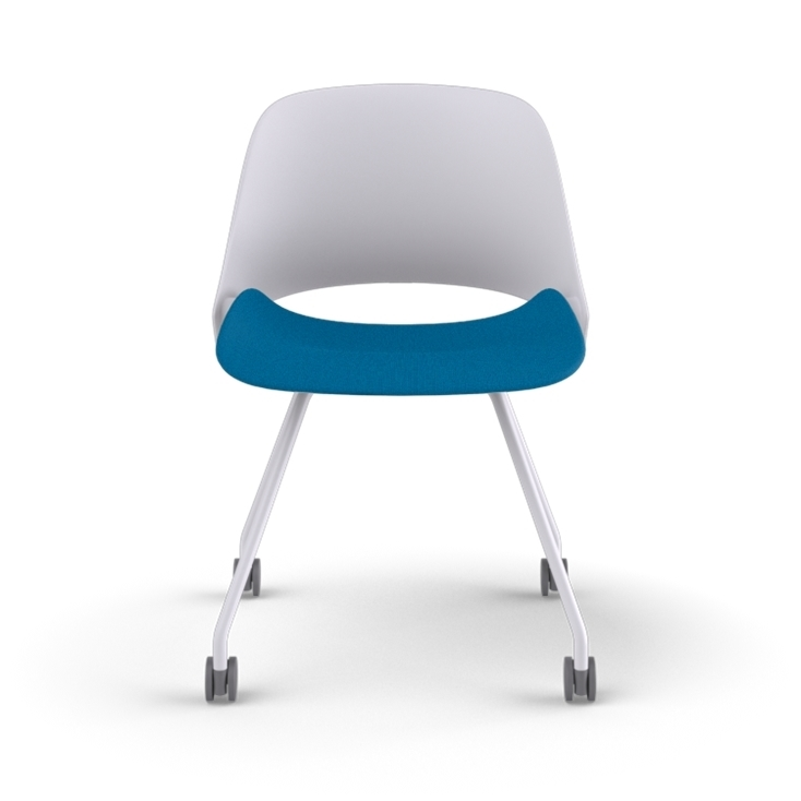 Front view of a Humanscale Trea Chair with four leg guest chair base and casters. In white finish with a peacock fabric padded seat. Kansas City Office Furniture. 