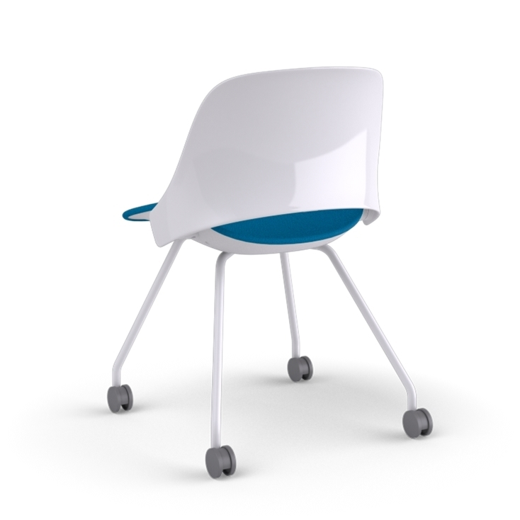 Back view of a Humanscale Trea Chair with four leg guest chair base and casters. In white finish with a peacock fabric padded seat. Kansas City Office Furniture. 