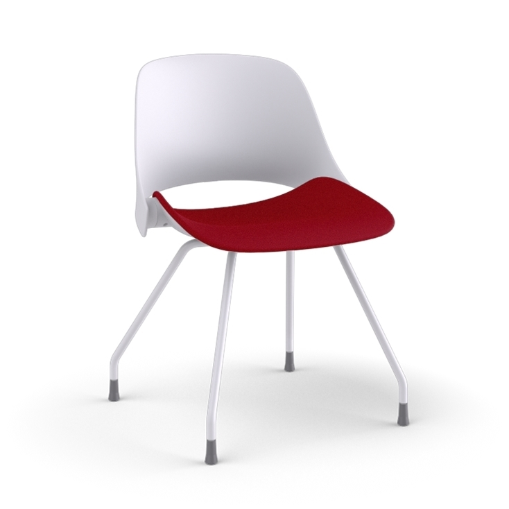 Side view of a Humanscale Trea Chair with four leg guest chair with glides. In white finish with a Parma Red fabric padded seat. Kansas City Office Furniture. 