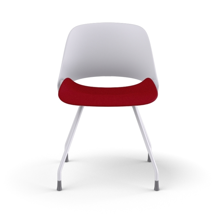 Front view of a Humanscale Trea Chair with four leg guest chair with glides. In white finish with a Parma Red fabric padded seat. Kansas City Office Furniture. 