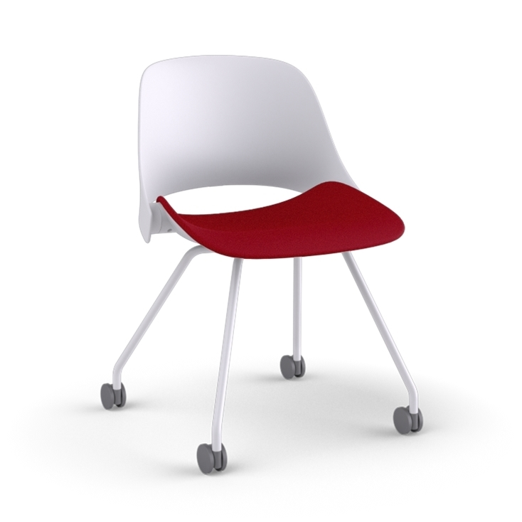 Side view of a Humanscale Trea Chair with four leg guest chair with casters. In white finish with a Parma Red fabric padded seat. Kansas City Office Furniture. 