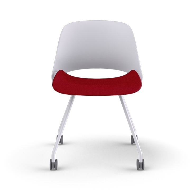 Front view of a Humanscale Trea Chair with four leg guest chair with casters. In white finish with a Parma Red fabric padded seat. Kansas City Office Furniture. 
