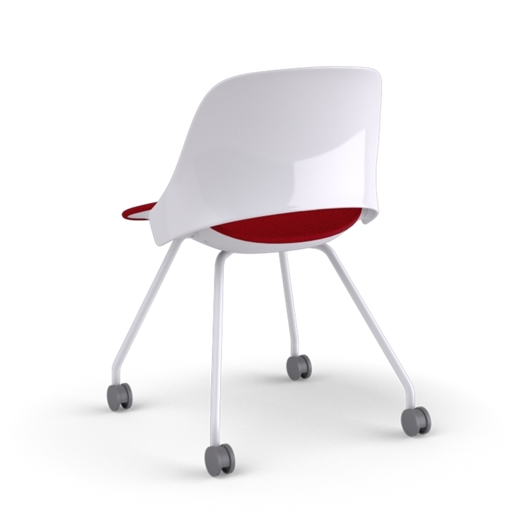Back view of a Humanscale Trea Chair with four leg guest chair with casters. In white finish with a Parma Red fabric padded seat. Kansas City Office Furniture. 