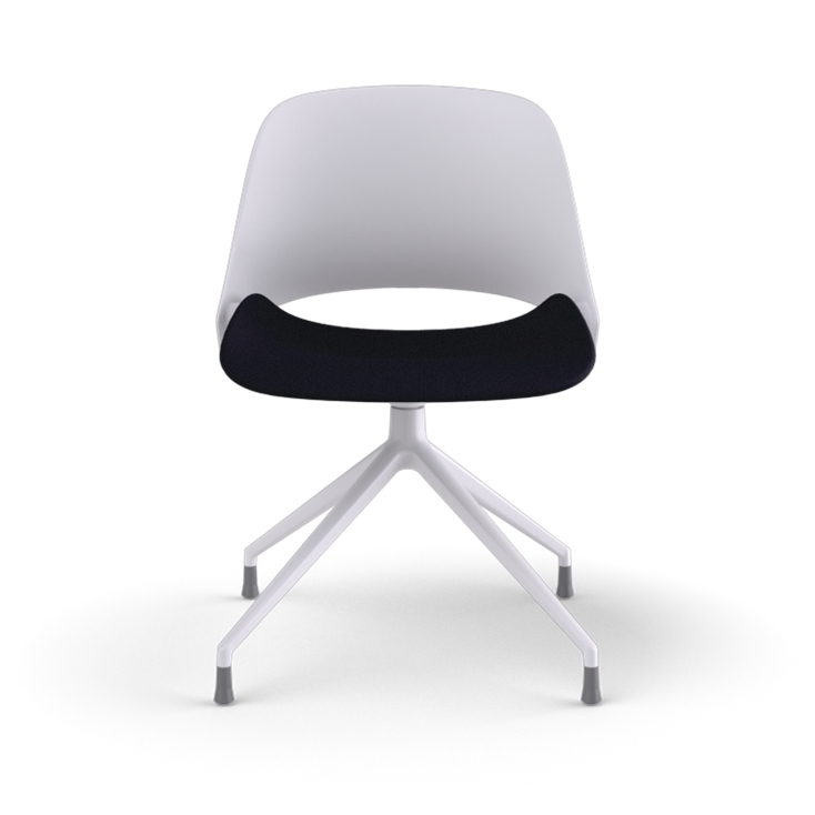 Front view of a Humanscale Trea Chair with four star chair with glides. In white finish with a black fabric padded seat. Kansas City Office Furniture. 