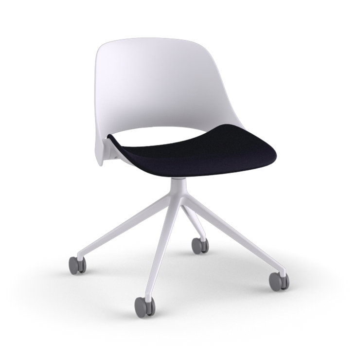 Side view of a Humanscale Trea Chair with four star base and casters. In white finish with a black fabric padded seat. Kansas City Office Furniture. 