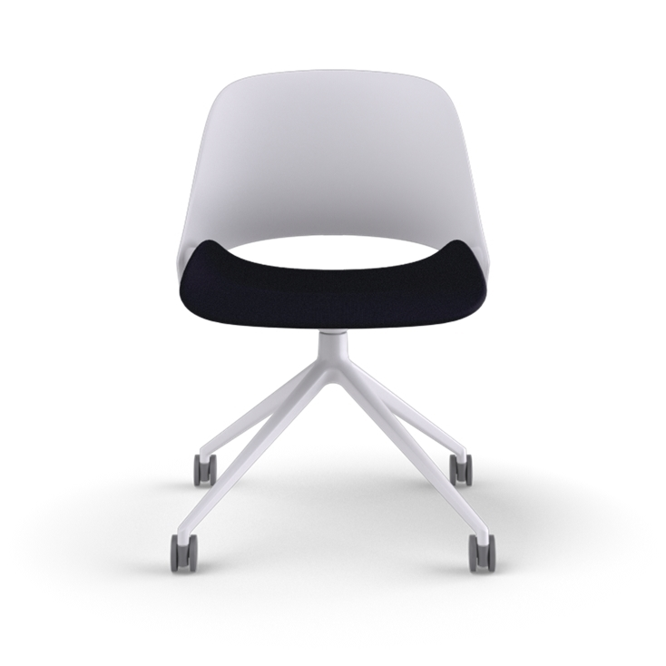 Front view of a Humanscale Trea Chair with four star base and casters. In white finish with a black fabric padded seat. Kansas City Office Furniture. 