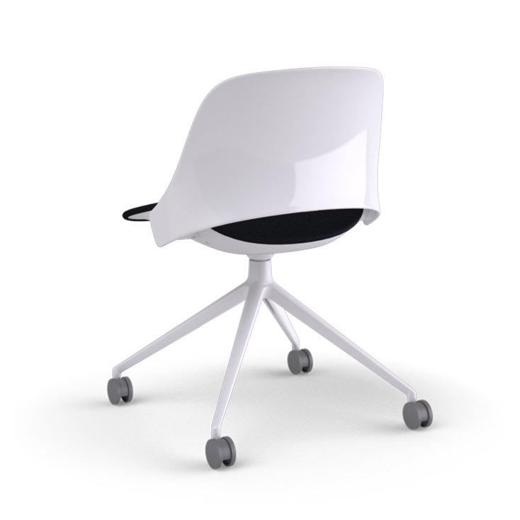 Back view of a Humanscale Trea Chair with four star base and casters. In white finish with a black fabric padded seat. Kansas City Office Furniture. 