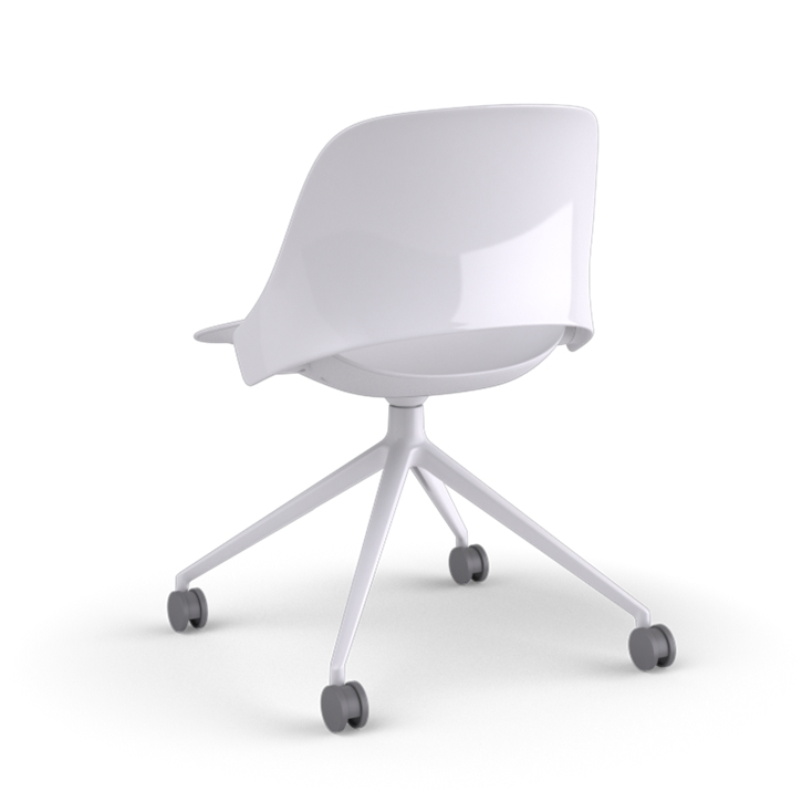 Back View of a Humanscale Trea Chair with four star base and casters. In white finish. Kansas City Office Furniture. 