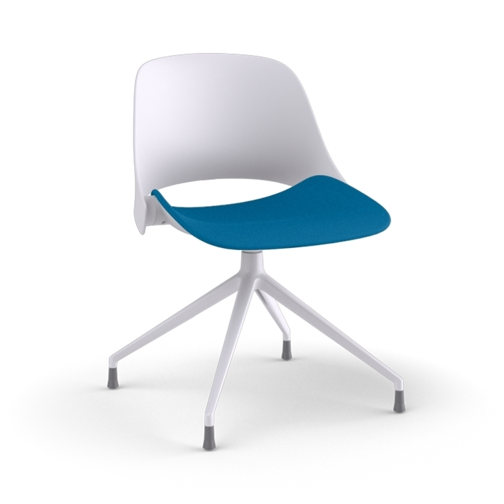 Side View of a Humanscale Trea Chair with four star chair base and glides. In white finish with a peacock fabric padded seat. Kansas City Office Furniture. 
