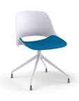 Side View of a Humanscale Trea Chair with four star chair base and glides. In white finish with a peacock fabric padded seat. Kansas City Office Furniture. 