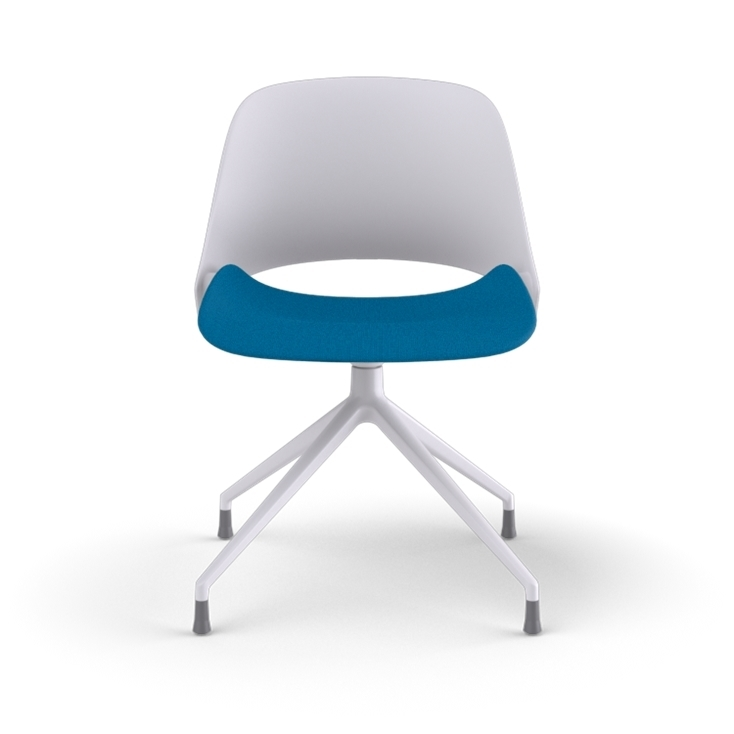 Front View of a Humanscale Trea Chair with four star chair base and glides. In white finish with a peacock fabric padded seat. Kansas City Office Furniture. 
