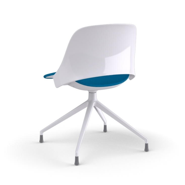 Back View of a Humanscale Trea Chair with four star chair base and glides. In white finish with a peacock fabric padded seat. Kansas City Office Furniture. 