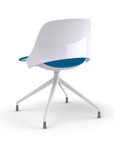 Back View of a Humanscale Trea Chair with four star chair base and glides. In white finish with a peacock fabric padded seat. Kansas City Office Furniture. 