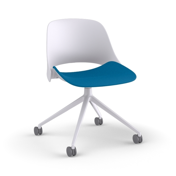 Side View of a Humanscale Trea Chair with four star chair base and casters. In white finish with a peacock fabric padded seat. Kansas City Office Furniture. 