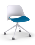 Side View of a Humanscale Trea Chair with four star chair base and casters. In white finish with a peacock fabric padded seat. Kansas City Office Furniture. 