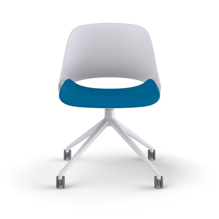 Front View of a Humanscale Trea Chair with four star chair base and casters. In white finish with a peacock fabric padded seat. Kansas City Office Furniture. 